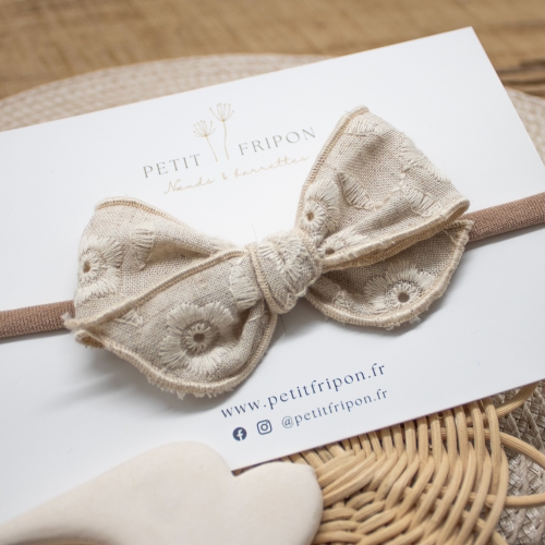 Headband nœud lin à fleurs brodées beige